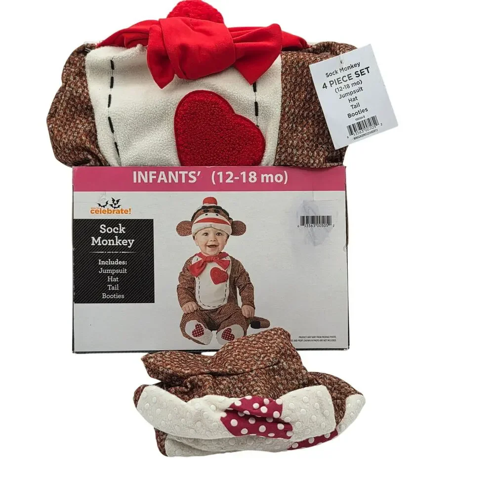 Way to Celebrate Infant Sock Monkey Halloween Costume 4pc Set 12-18 Months NWT